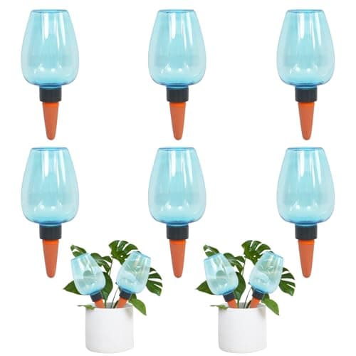 GEWOSI 6pcs Plant Self Watering Globes, Plastic Water Bulbs Top Fill, 12.3 oz Plant Watering Devices System Slow Release Terracotta, Water Spikes Stakes for Indoor (Blue-6pack)