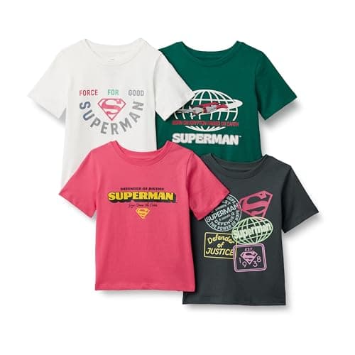 Amazon Essentials Boys' Short-Sleeve T-Shirts, Pack of 4, Superman Justice, Small