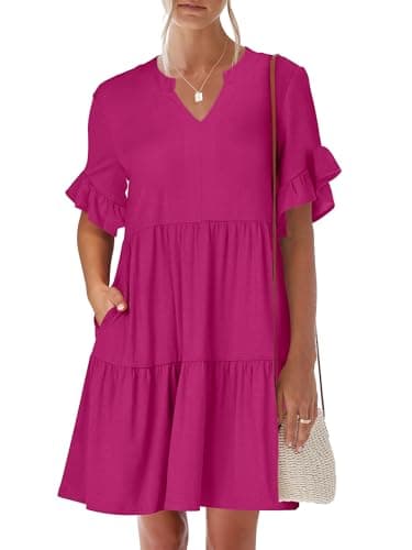 ANRABESS Women's Summer Casual Dress, V-Neck Ruffle Sleeve Tiered Mini Dress, Soft Comfy Fabric with Pockets for All-Day Wear Hot Pink XX-Large