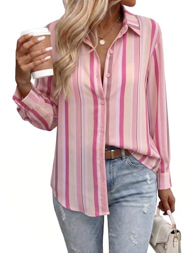 Zeagoo Blouse for Women Dressy Casual Button Down Shirts Collared Chiffon Long Sleeve Business Work Tops Pink Striped S