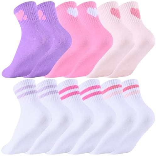 Yshvigo 6 Pairs Girls Crew Athletic Socks with Hearts Striped Flower Soft Cotton School Casual Sock for Girls Boys, 9-12