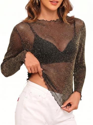 YVH Womens Stretchy Sheer Mesh Long Sleeve Sparkle Tops, Black Gold XS