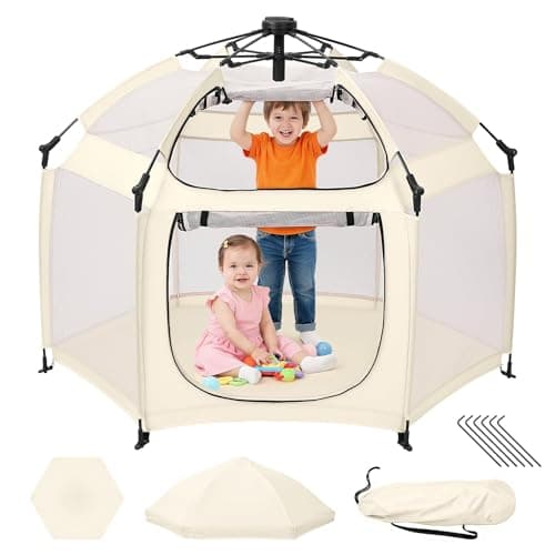 Dripex Baby Playpen, Portable Pop Up Playpen with Canopy, Beach Tent Ivory