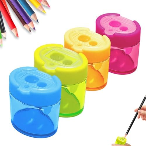 4 Pcs Pencil Sharpener for Kids, Dual Hole Manual Pencil Sharpeners with Lid, Small Colored Handheld Pencil Sharpener for Classroom, Home, Office & Back to School Supplies (Oval)