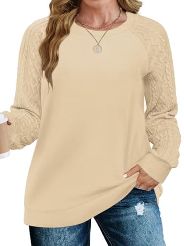 VISLILY Plus Size Oversized Sweatshirt Fashion Crewneck Tops Casual Cable Knit Sleeve Work Cozy Woman Shirts 2X Apricot