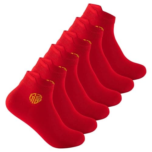 AMZZTCQ Men's Red Socks Ankle Socks Comfortable Red Jacquard “福（Fu）” Casual With Heel Tab,Chinese New Year Socks, Size 6-10 (6 pairs)