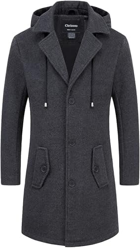Chrisuno Mens Long Overcoat Dress Men's Casual Warm Winter Trench Coat Soft Single Breasted Pea Coats with Detachable Hood Dark Grey L