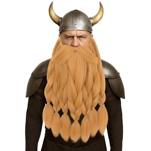 Yan Dream Synthetic Viking Dwarf Long Fake Beard and Mustache for Men 5 Braids Ginger Yellow Cosplay Costume Beard