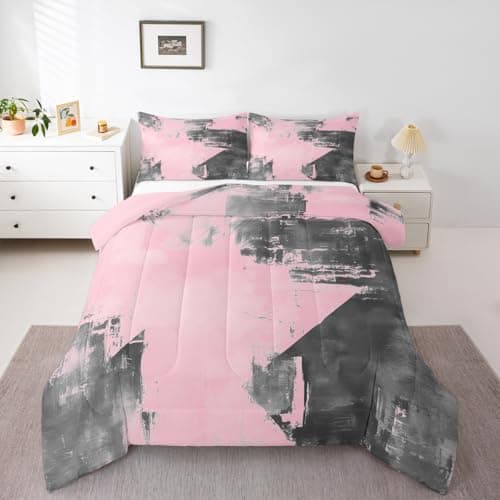 Feelyou Abstract Comforter Set Queen Size Modern Abstract Art Bedding Set for Kids Boys Girls Luxury Duvet Quilt Geometric Bedroom Decor Pink and Gray Microfiber 3 Pcs with 2 Pillow Cases