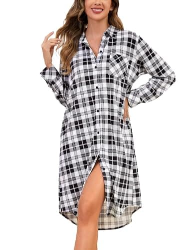 YOZLY Chritsmas Nightgown for Women Plaid Night Gown Moomoo Button Down Nightshirt Soft Sleep Shirt with Pockets S-XXL