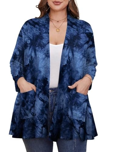 BELAROI Plus Size Lightweight Cardigan Sweaters for Women Casual Open Front 3/4 Sleeve Cover Up 2X, Tie Dye-Dark Blue