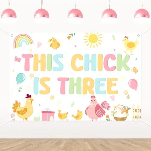 Wonmelody This Chick is 3 Backdrop Chicken 3rd Birthday Party Decoration 5x3ft Vinyl Banner with Grommets and Ribbon for Photo Booth Wall Décor Indoor Outdoor Celebration