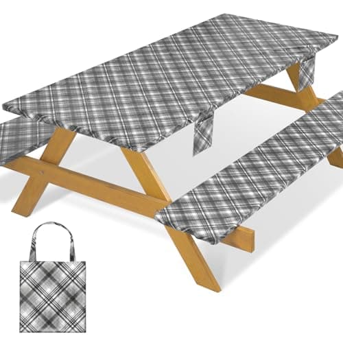 memKiya Fitted Waterproof Picnic Table Cover with Bench Covers Heavy Duty Elastic Outdoor Camping Tablecloth for 6 Foot Rectangle Tables Summer Rv Accessories Patio Garden Road Trip Essentials Gifts