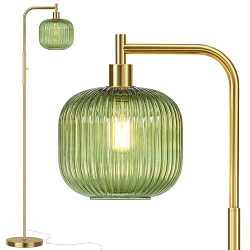 QiMH Glass Floor Lamp for Living Room, Modern Standing Lamp with Green Ribbed Glass Lampshade, Stepless Dimmable Rotary Switch, 67” Tall Lamp for Bedroom Home Decor, Brushed Gold