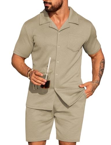 URRU Mens 2 Piece Outfits Summer Casual Texture Beach Short Sleeve Button Down Shirts and Shorts Set with Pocket Light Brown S