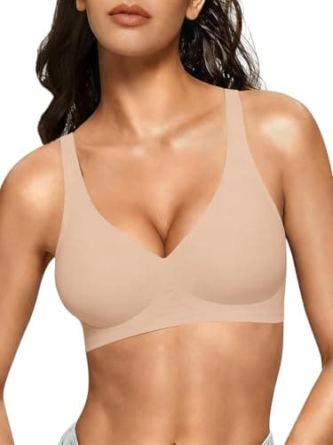COCOMARTS Jelly Bras for Women No Underwire Seamless Push Up Comfortable Tshirt Everyday Deep V Bra with Support and Lift Nude Large