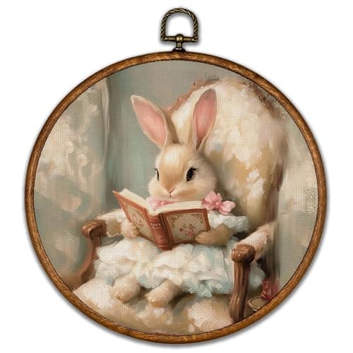 BCUANGD Vintage Bunny Round Wall Art Decor - Retro Rabbit Book Wall Art Canvas Frame Artwork Prints, Retro Rustic Country Round Wall Hanging Decorations for Home Bedroom Nursery, 10"x10"