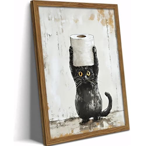 JZMGGQQ Funny Black Cat Bathroom Wall Art - Cute Kitten with Toilet Paper Canvas Print - Rustic Farmhouse Restroom Decor - Whimsical Animal Art with Wood Frame (10x8 In, Ready to Hang)