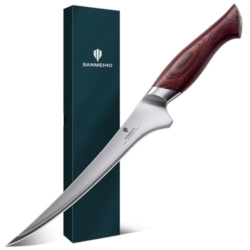 SANMEIHO Fillet Knife 7 inch, Razor Sharp Fishing Boning Knife for Meat in 10Cr15Mov Japanese High Carbon Steel, Professional Kitchen with Flexible Blade and Ergonomic Pakkawood Handle