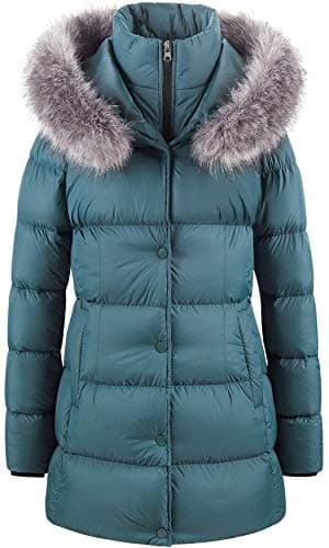 CREATMO US Women's Long Hooded Puffer Jacket Parka Warm Winter Coats with Faux Fur Acid Blue S