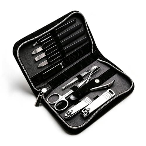 Sopolise 10 in 1 Manicure Pedicure Kit Carbon Steel Nail Clippers & Stainless Steel Grooming Tools, Portable Marble PU Leather Zipper Nail Care Set, Gift for Men Women,Black