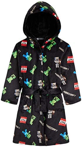 Minecraft Bath Robe for Boys, Teens Hooded Fleece Robe Cozy Loungewear Soft Nightwear Creeper Gamer Gifts for Kids (11-12 Years, Black)