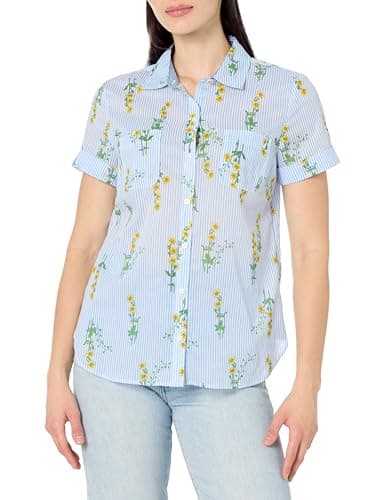 Nautica Womens Button Front Short Sleeve Camp Shirt, Floral Daffodil Mulit, Small
