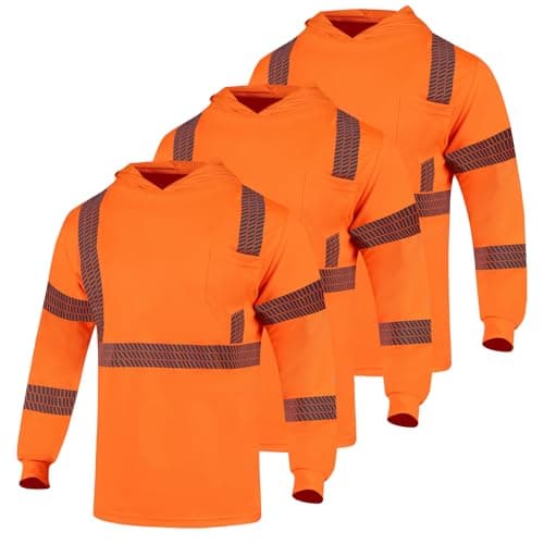 VENDACE 3pcs Safety Reflective High Visibility Long Sleeve Shirts ANSI Class 3 Hi Vis Construction Work T Shirts for Men with Hood(Orange,L)
