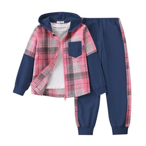 EDFTM 2Pcs Girls Clothes Zip Up Plaid Flannel Sweatshirt and Jogger Sweatpants for Kids Fall Winter Spring Outfits Dark Navy Blue 7-8 Years