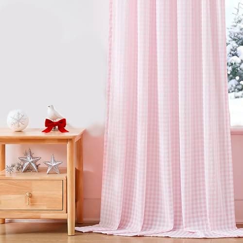 ZJDECOR Short Pink White Buffalo Plaid Curtain Panels for Girl Room 63 Inch