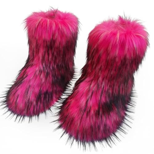 WOVOIE Fur Boots for Women Winter Fluffy Furry Boots Mid-Calf Snow Boots with Anti-Slip Warm Lining for Y2K Streetwear(Rose red, US, Adult, Women, 5, Numeric, US Footwear Size System, Medium)
