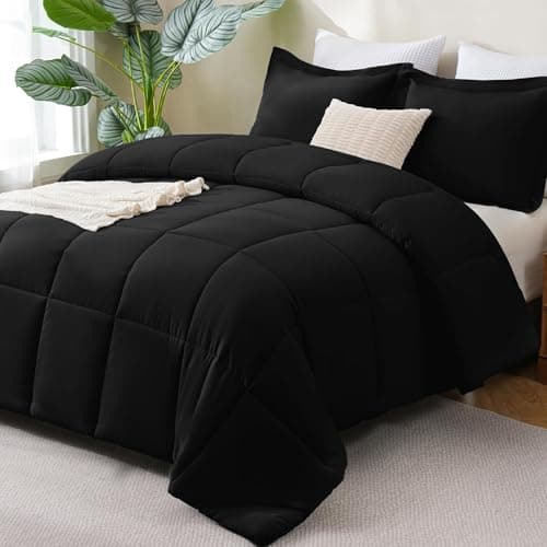 CozyLux Queen Comforter Set, 3-Piece Box-Stitched, Black