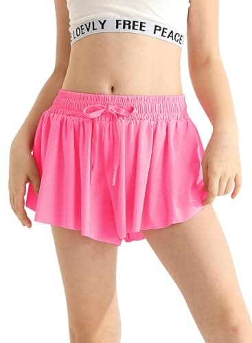 Butterfly Shorts Girls Cute Hot Pink with Pocket Quick Dry Athletic Flowy Skirts for Cheer, Running, Gym Girls Shorts Size 10-12