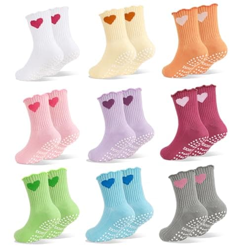 scenicamp 9 Pairs Baby Girls Non-Slip Ruffle Ankle Socks with Grips, 3-5 Y