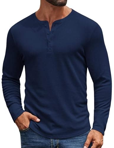 COOFANDY Casual Henley Long Sleeve Shirt for Men Stretch Button Pullover Basic Tee Navy Blue