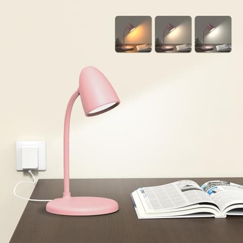 RORENSE LED Desk Lamp for Home Office,3 Light Colors, Table Lamp,Dimmable Reading Light for Bedside Small Desk Lamp for College Dorm Room,Bedroom Desk Light Pink