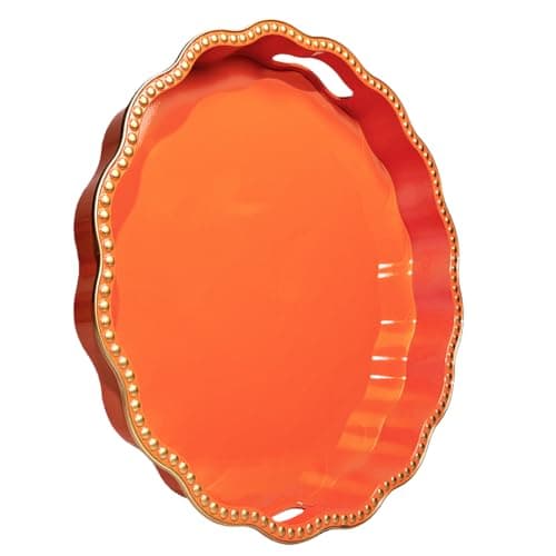 Umisriro Orange Decorative Tray for Coffee Table, Wavy Scallop Beaded Plastic Serving Tray forKitchen Counter, Ottoman, Living Room, (13")