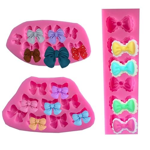 3Pcs Bows Silicone Mould, Bow Fondant Sugar Mould Craft Molds, Chocolate Sugar Candy Cake Pop for Cake Decorating, DIY Desserts, Fondant,Clay (Pink)