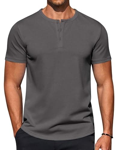 COOFANDY Mens Lightweight Henley Short Sleeve Casual Stylish T Shirt Novelty Button Down Shirts Dark Grey