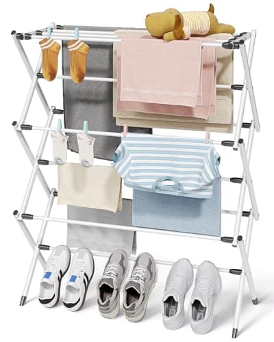Sakugi Foldable Clothes Drying Rack – Metal Laundry Drying Rack with Non-Slip Feet, 3-Tier Space-Saving Clothing Rack for Organization, Indoor & Outdoor Use, 11.4"D x 29.1"W x 37.4"H, White and Black