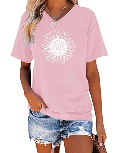 EADINVE Women's Summer Short Sleeve Cute Sunflower Graphic Printed Tee Vintage T Shirt Cotton Tops Novelty Cool Shirts
