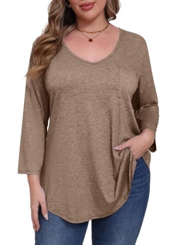 BELAROI Womens Plus Size Tunic Tops 3/4 Sleeve V Neck T Shirts Basic Tee Loose Blouses with Pocket(2X,D-Khaki)