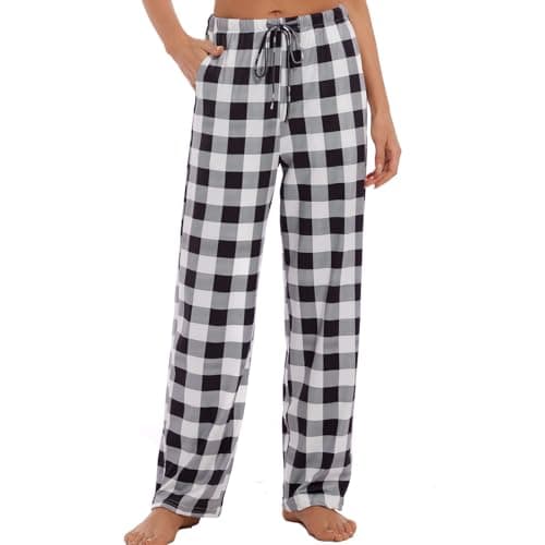ccko Women’s Comfy Pajama Pants with Pockets, Stretch Drawstring Lounge Pants, Soft Casual Wide Leg Pjs Sleep Bottoms, Plaid 04, XXL