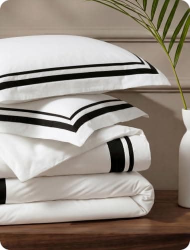 Bedsure 100% Cotton Percale Duvet Cover Queen, Luxury Hotel Duvet Cover, White Comforter Cover with Black Frame, PureWoven Breathable & Lightweight Bedding Set for All Season, 3 Pieces, 90"x90"