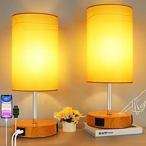 HiBay 2-Set 17.75" Touch Bedside Table Lamps with USB Charging Ports & AC Outlet, Farmhouse Wood-Grain 3-Way Dimmable LED Nightstand Lights with Parchment Shade for Home Office Lighting Decor