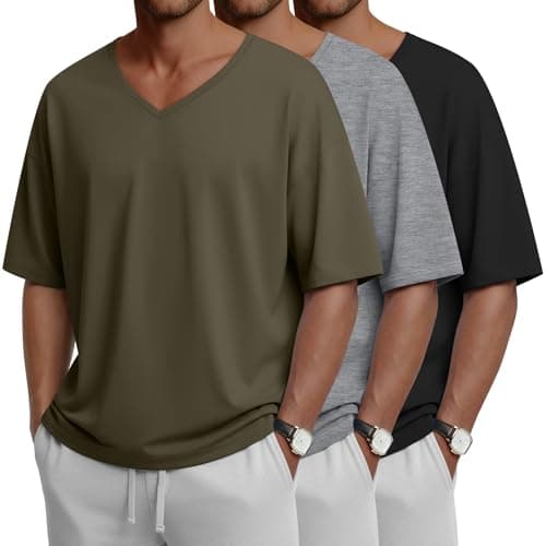JoyMotion 3 Pack Men's T-Shirts Baggy Short Sleeve Shirts Oversized V Neck Summer Basic Tees Loose Fit Casual Workout Tops(Black, Light Heather Gray, Army Green,Medium)