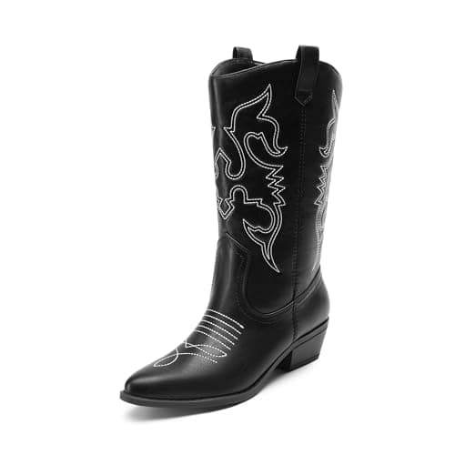 DREAM PAIRS Women's Cowboy Boots Pull On Cowgirl Boots Mid Calf Western Boots, Available in Regular and Wide Calf,Size 6,Black-Pu,DWUWMB2501