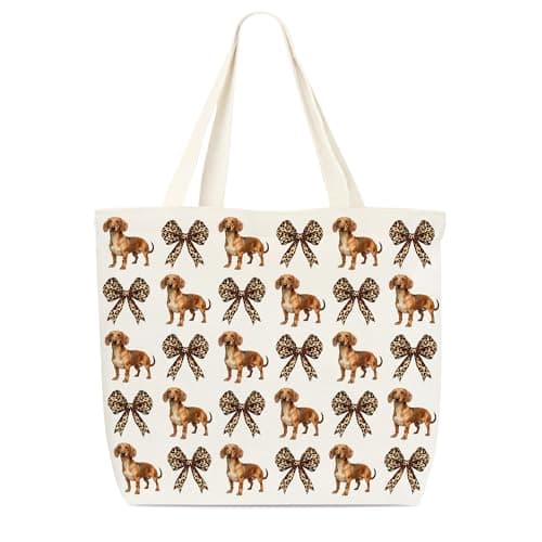 Dr.Baner Dachshund Canvas Tote Bag, Weenie Dog Gifts, Leopard Bow Themed Dachshund Gift Bag, Reusable Grocery Shoulder Bags For Women Friends Dog Lovers Dogs Mom -10