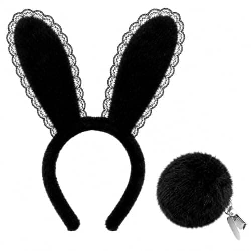 PARTY TELLER Black Bunny Ears Headband and Tail Set for Adults