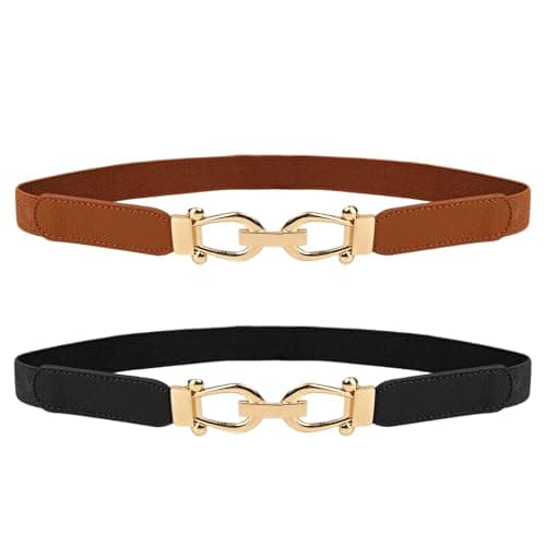 MUKINGBELTS Women Stretchy Thin Waist Belt, Retro Elastic Skinny Belt with Gold Buckle for Ladies, Perfect for Dresses & Shirts, 2 Pack